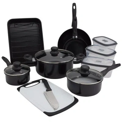 Basic Essentials 18-piece Nonstick Aluminum Cookware Set With Roaster And Removable Rack In Black