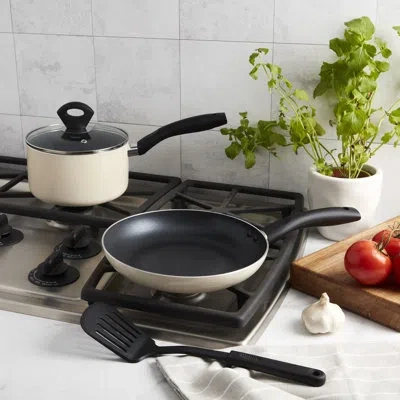 Basic Essentials 4-piece Non-stick Aluminum Cookware Set, 2.5qt Saucepan With Glass Lid And 9.5" Open Frypan With Nyl In Cream