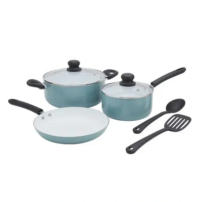 Basic Essentials 7-piece Nonstick Aluminum Cookware Set With Lids And Cooking Utensils In Blue
