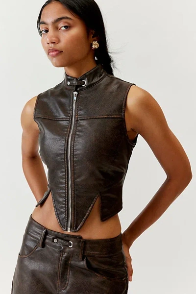 Basic Pleasure Mode Lilith Faux Leather Vest Jacket In Brown, Women's At Urban Outfitters