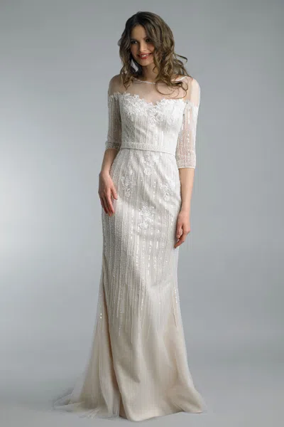 Basix Black Label 3 Quarter Sleeve Beaded Evening Gown In White