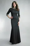 Basix Black Label 3 Quarter Sleeve Gown With Crystal On Neck And Sleeves In Black