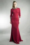 Basix Black Label 3 Quarter Sleeve Gown With Crystal On Neck And Sleeves In Burgundy