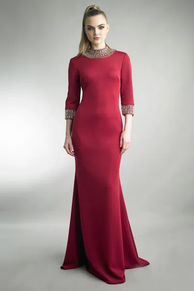 Basix Black Label 3 Quarter Sleeve Gown With Crystal On Neck And Sleeves In Burgundy