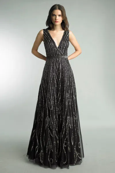 Basix Black Label All Over Sequin V Neck Gown