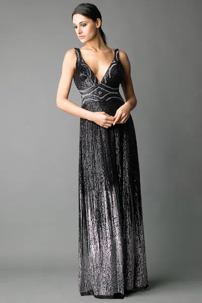 Basix Black Label Art Deco Evening Gown In Black