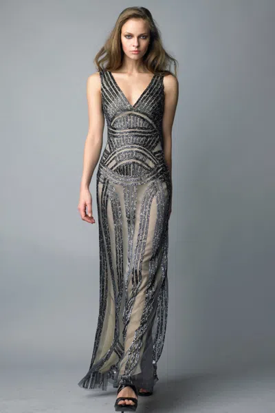 Basix Black Label Art Deco Inspired Beaded V Neck Gown
