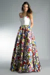 Basix Black Label Ballgown With Floral Accent And Froral Skirt In White