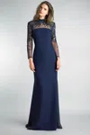 Basix Black Label Basix Beaded Mock Neck Long Sleeve Sheer Yoke Gown In Lightweight Fabric