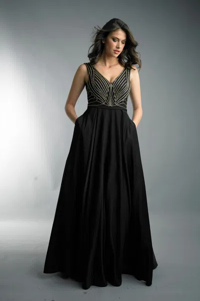 Basix Black Label Bead V-neck Gown In Black