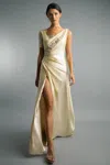 Basix Black Label Beaded Assymetric Neck Gown In Neutral