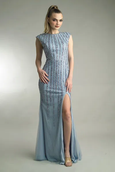 Basix Black Label Beaded Cap-sleeve Column Gown In Blue