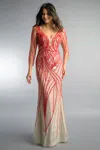 Basix Black Label Beaded Evening Gown W Swirl Motif In Red