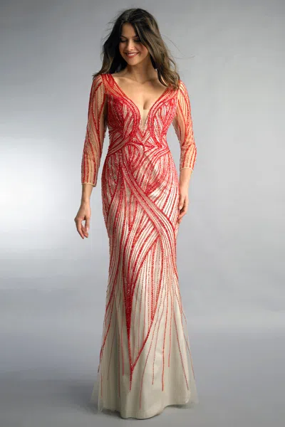 Basix Black Label Beaded Evening Gown W Swirl Motif In Red