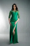Basix Black Label Beaded Half Sleeeve Gown With Slit In Green