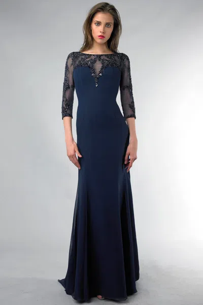 Basix Black Label Beaded Illusion Three-quarter Gown In Blue