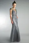 Basix Black Label Beaded Illusion Trumpet Gown By  In Gray