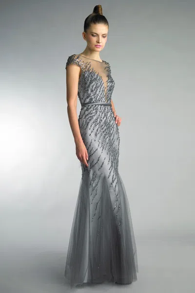 Basix Black Label Beaded Illusion Trumpet Gown By  In Gray