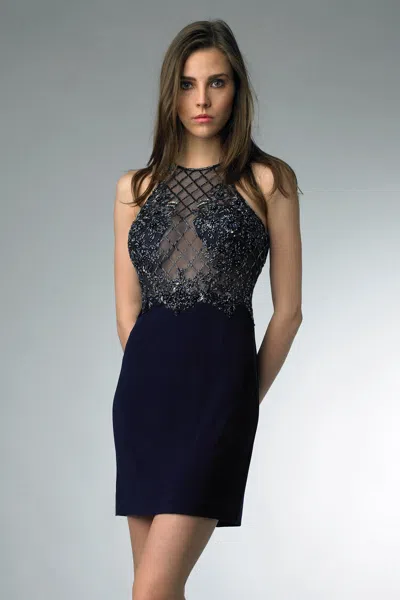 Basix Black Label Beaded Lattice Halter Cocktail Dress In Blue