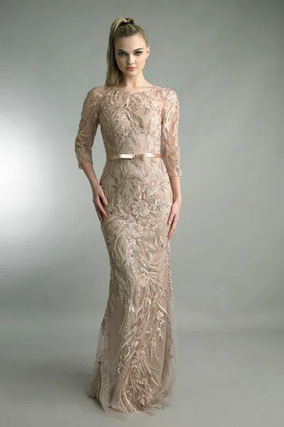 Basix Black Label Beaded Leaf-motif Three-quarter Gown In Gray