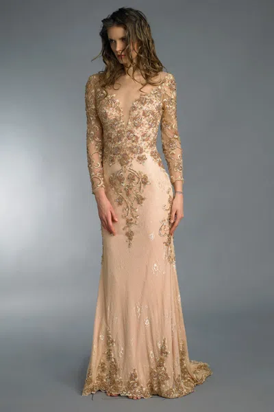 Basix Black Label Beaded Long Sleeve Gown In Neutral
