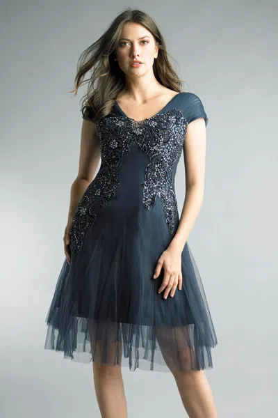 Basix Black Label Beaded Short Sleeve Cocktail Dress In Blue