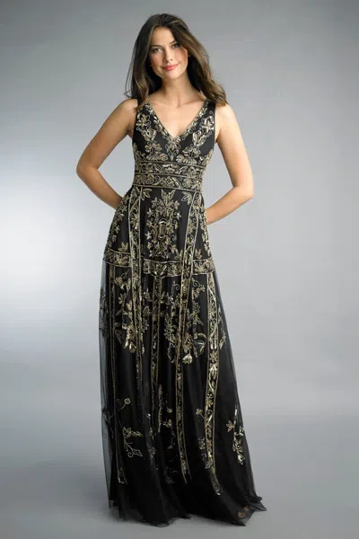 Basix Black Label Beaded Sleeless V Neck Evening Gown In Black