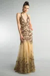 Basix Black Label Beaded Tulle Halter Gown In Gold