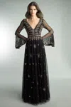 Basix Black Label Beaded V Neck Bell Sleeve Gown In Black
