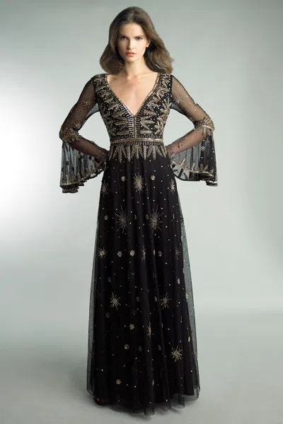 Basix Black Label Beaded V Neck Bell Sleeve Gown By