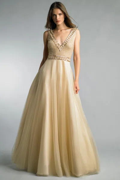 Basix Black Label Beaded V Neck Evening Gown In Nude