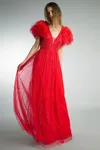 Basix Black Label Beaded V Neck Sleeveless Gown With Feather Cape Jacket In Red
