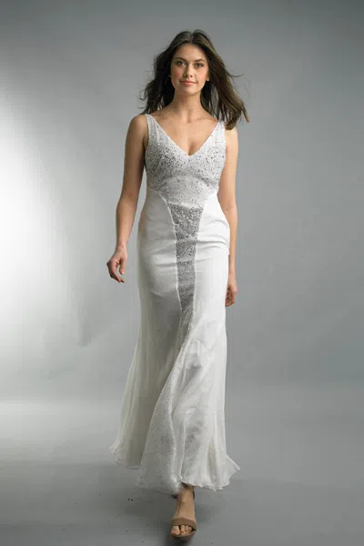 Basix Black Label Beaded V-neck Silk Gown In Silver