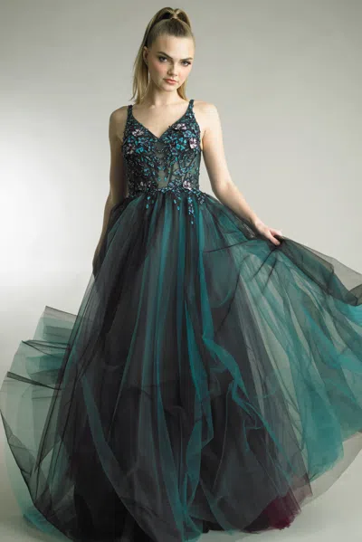 Basix Black Label Beaded V-neck Tulle Ballgown In Green