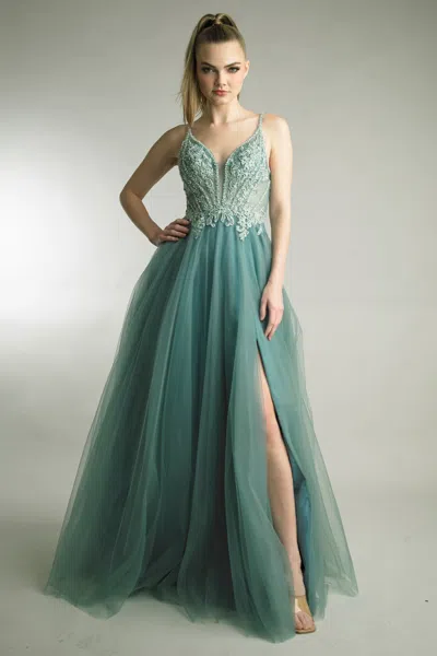 Basix Black Label Beaded V-neck Tulle Gown In Green