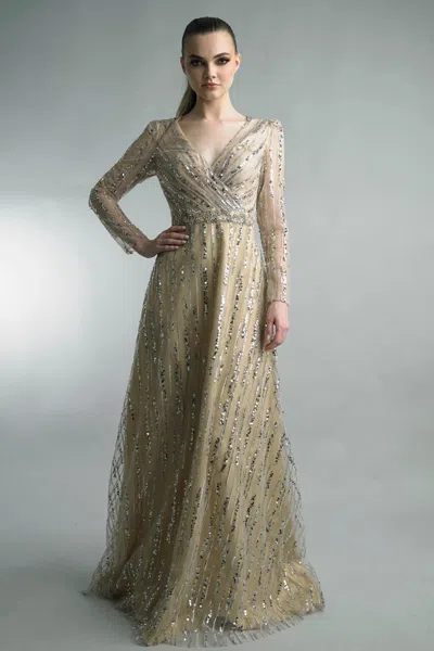 Basix Black Label Beaded V-neck Wrap Gown In Neutral