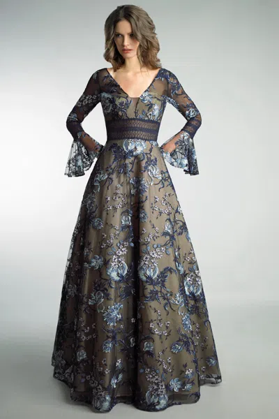 Basix Black Label Bell Sleeve Floral Gown In Black