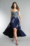 Basix Black Label Bohemian Hi Lo Dress With Floral Appliques In Blue