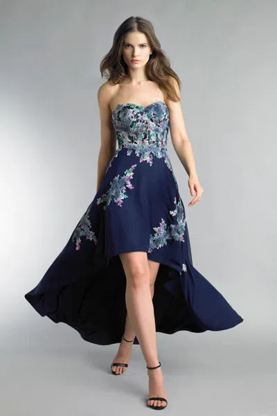 Basix Black Label Bohemian Hi Lo Dress With Floral Appliques In Blue