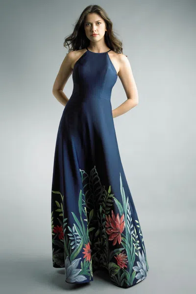 Basix Black Label Botanical Print Halter Gown In Blue