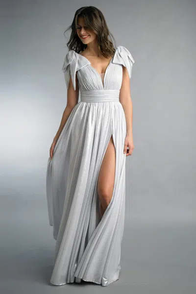 Basix Black Label Bow Shoulder Lurex Gown In Gray