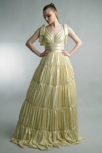 Basix Black Label Bow Shoulder Tiered Silk Gown In Yellow