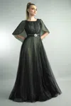 Basix Black Label Capelet Gown With Crystal Belt In Green
