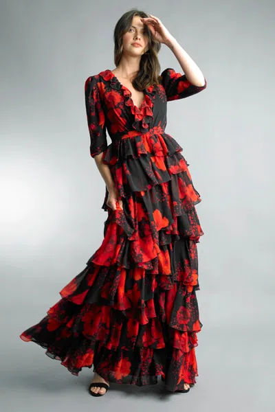 Basix Black Label Cascading Floral Ruffle Evening Gown In Metallic