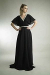Basix Black Label Chiffon Pleated V-neck Gown In Black
