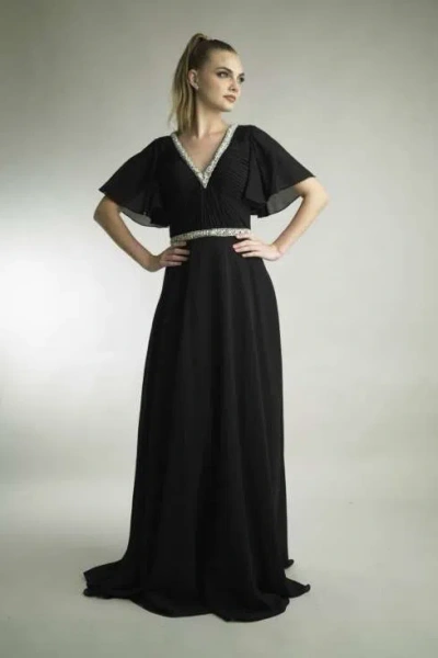 Basix Black Label Chiffon Pleated V-neck Gown In Black