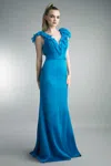 Basix Black Label Column Ruffled V Neck Gown In Blue