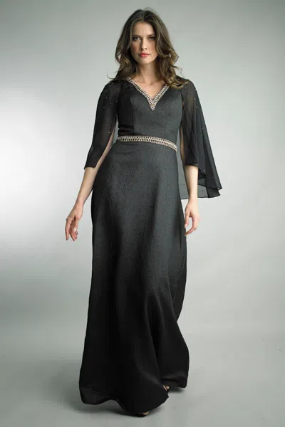 Basix Black Label Crystal Cape-sleeve Gown In Black