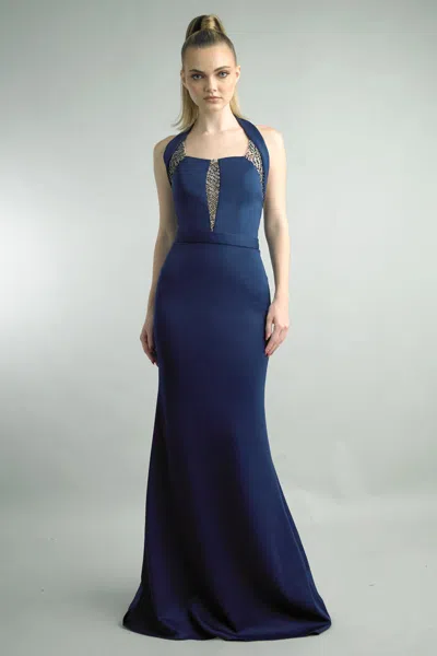 Basix Black Label Crystal Halter Mermaid Gown In Blue