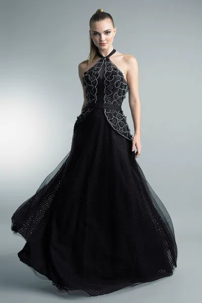 Basix Black Label Crystal Lattice Halter Evening Gown In Black